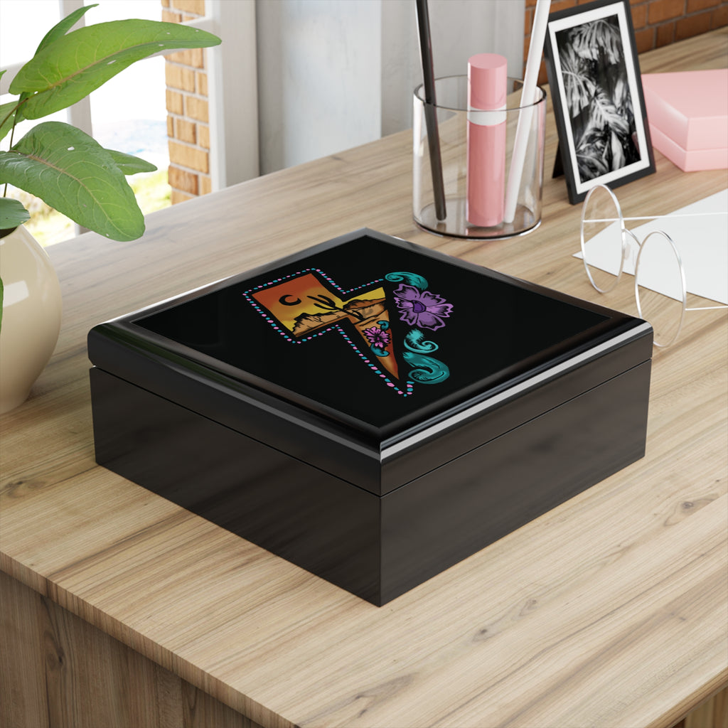 Desert Lightning Jewelry Box — Southwestern Bolt Design with Cactus & Purple Floral Accent