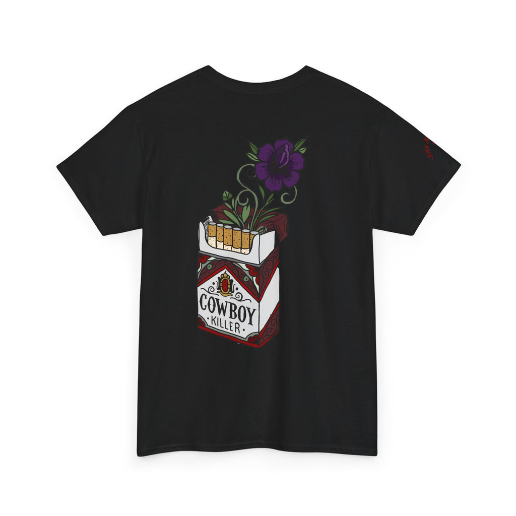 Cowboy Killer T-Shirt — Vintage Cigarette Pack Design with Floral Accent