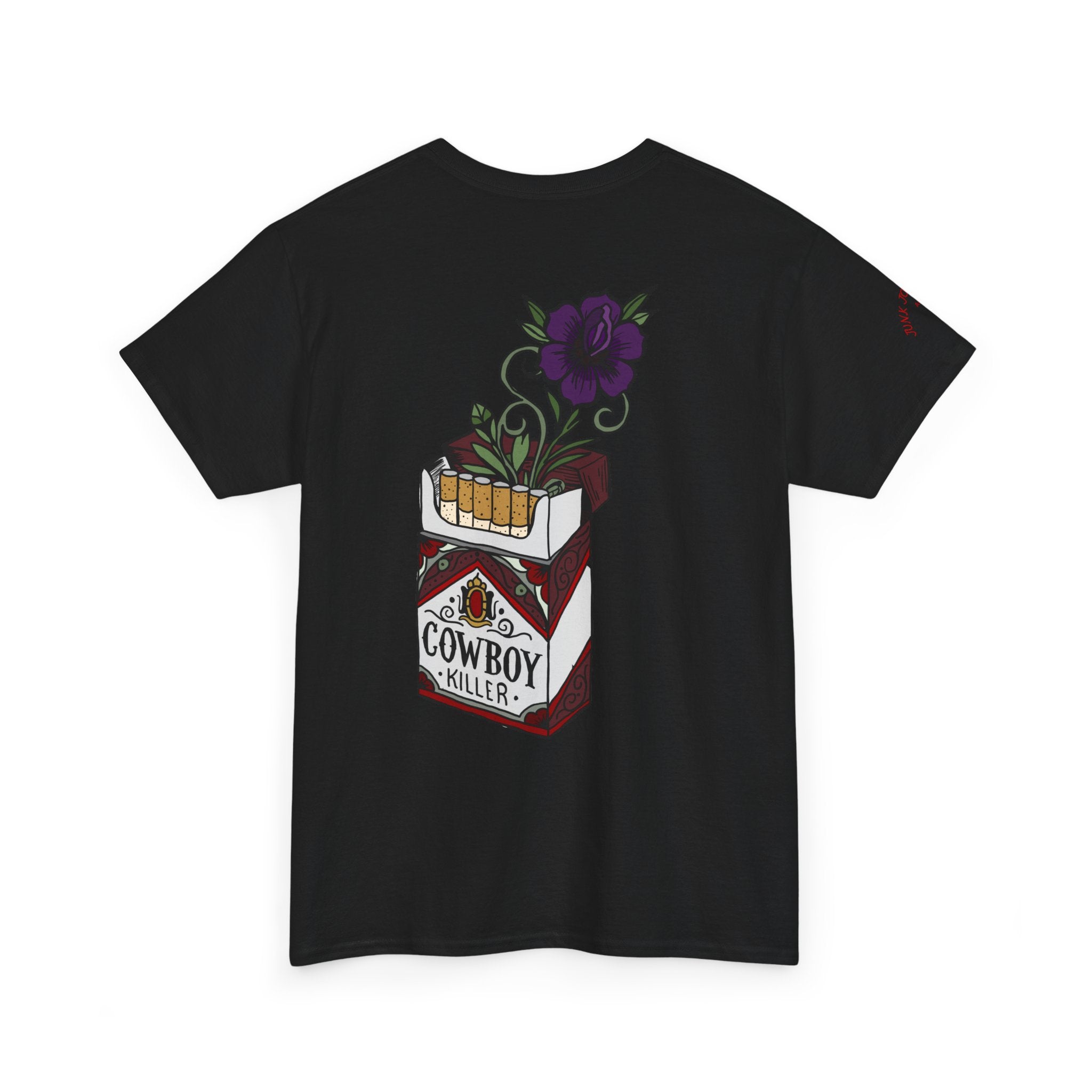 Cowboy Killer T-Shirt — Vintage Cigarette Pack Design with Floral Accent