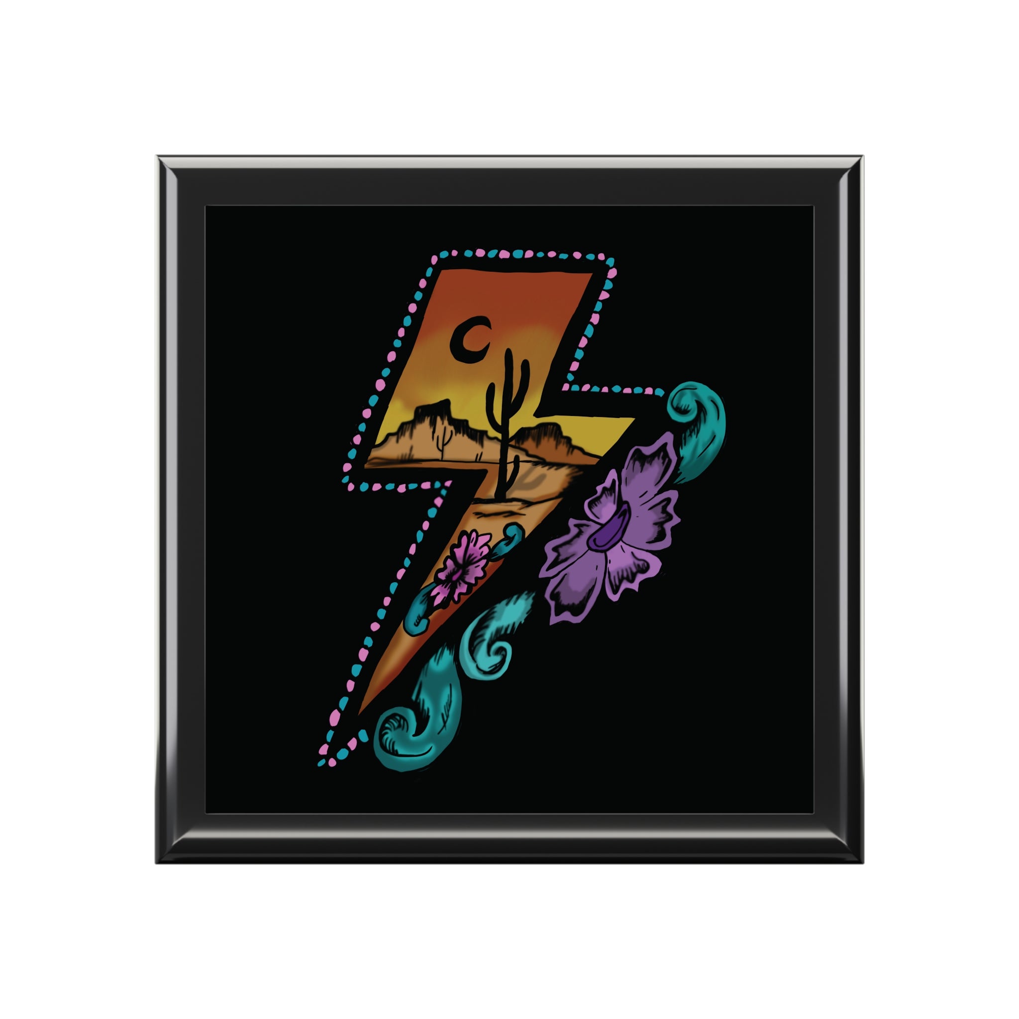 Desert Lightning Jewelry Box — Southwestern Bolt Design with Cactus & Purple Floral Accent