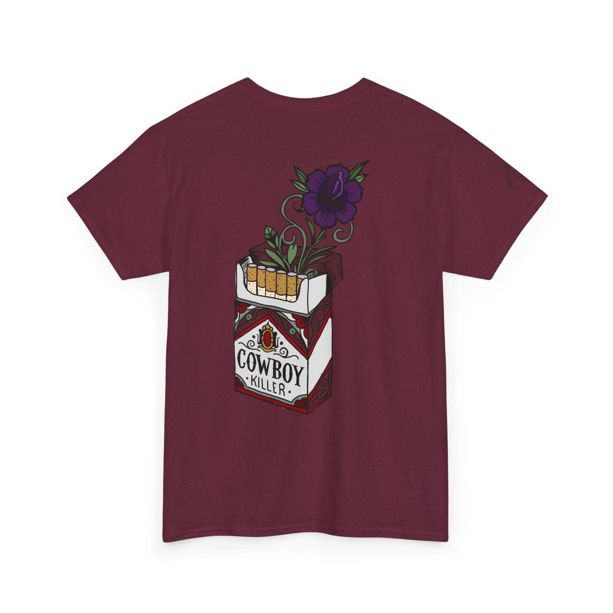 Cowboy Killer T-Shirt — Vintage Cigarette Pack Design with Floral Accent