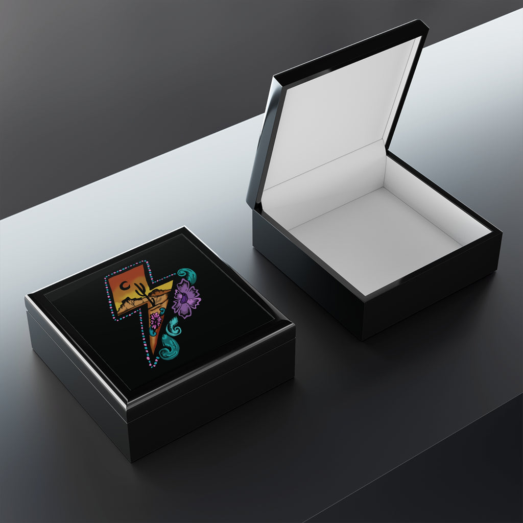 Desert Lightning Jewelry Box — Southwestern Bolt Design with Cactus & Purple Floral Accent
